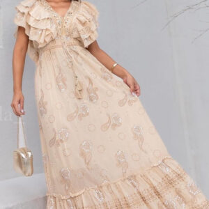 Vestido Longo com Babados Nas Mangas