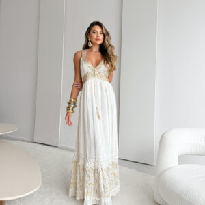 Vestido Boho Longo- Alças com Detalhes no Busto