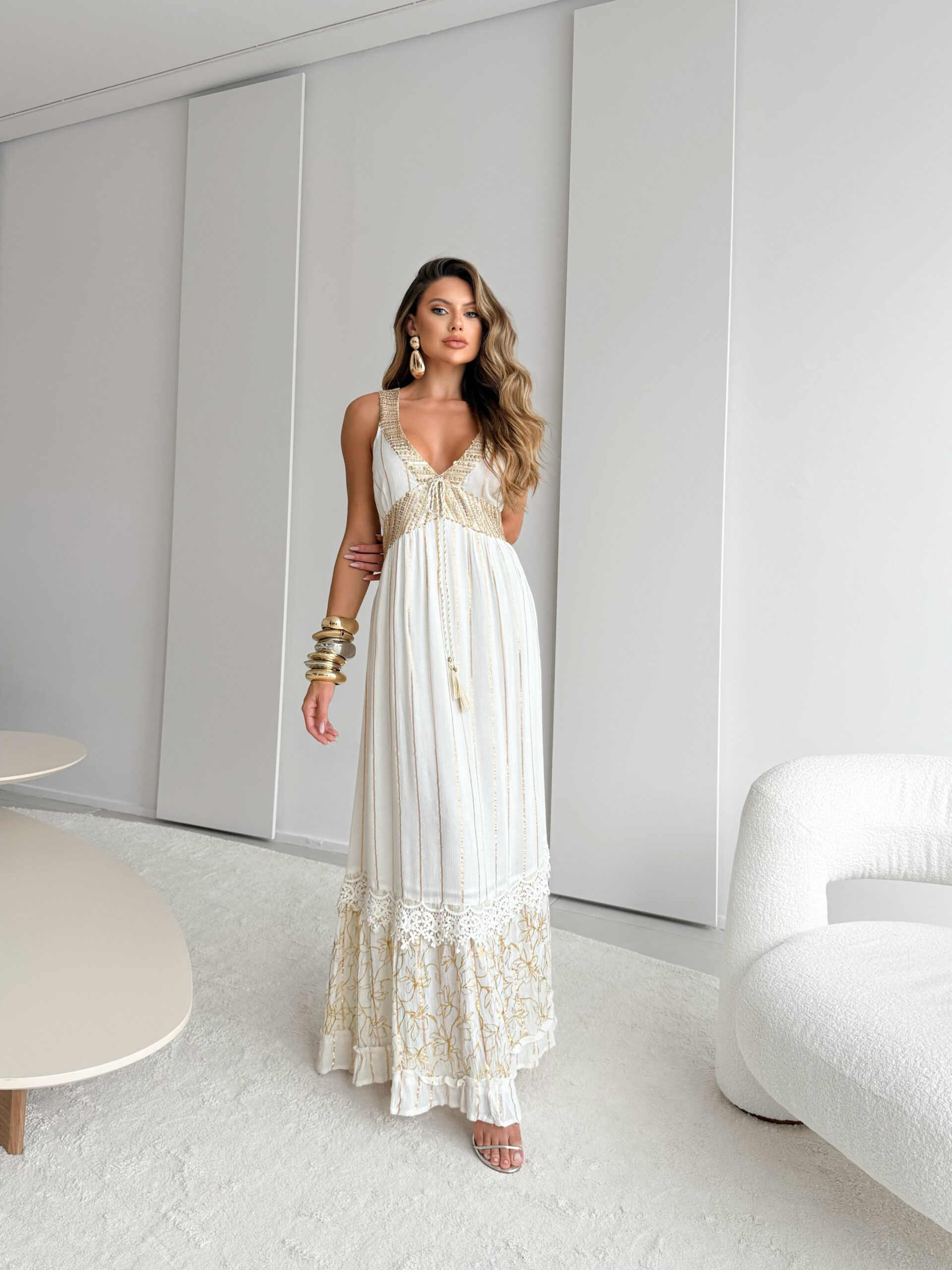 Vestido Boho Longo- Alças com Detalhes no Busto